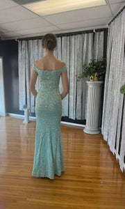 Size 0 Sexy off the shoulder long slit sequin gown